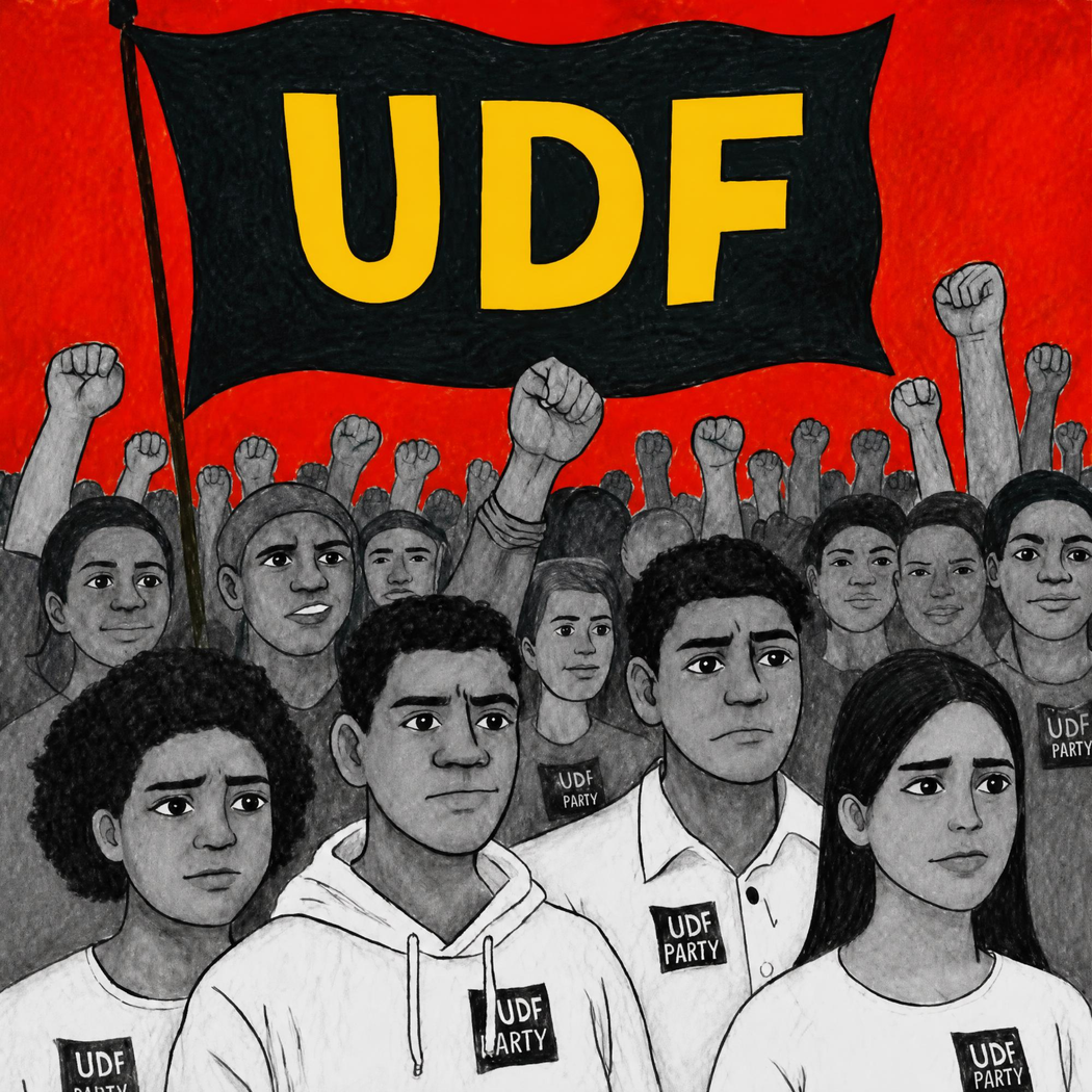 Illustration of a diverse crowd raising clenched fists beneath a black flag bearing the letters UDF in gold on a red background