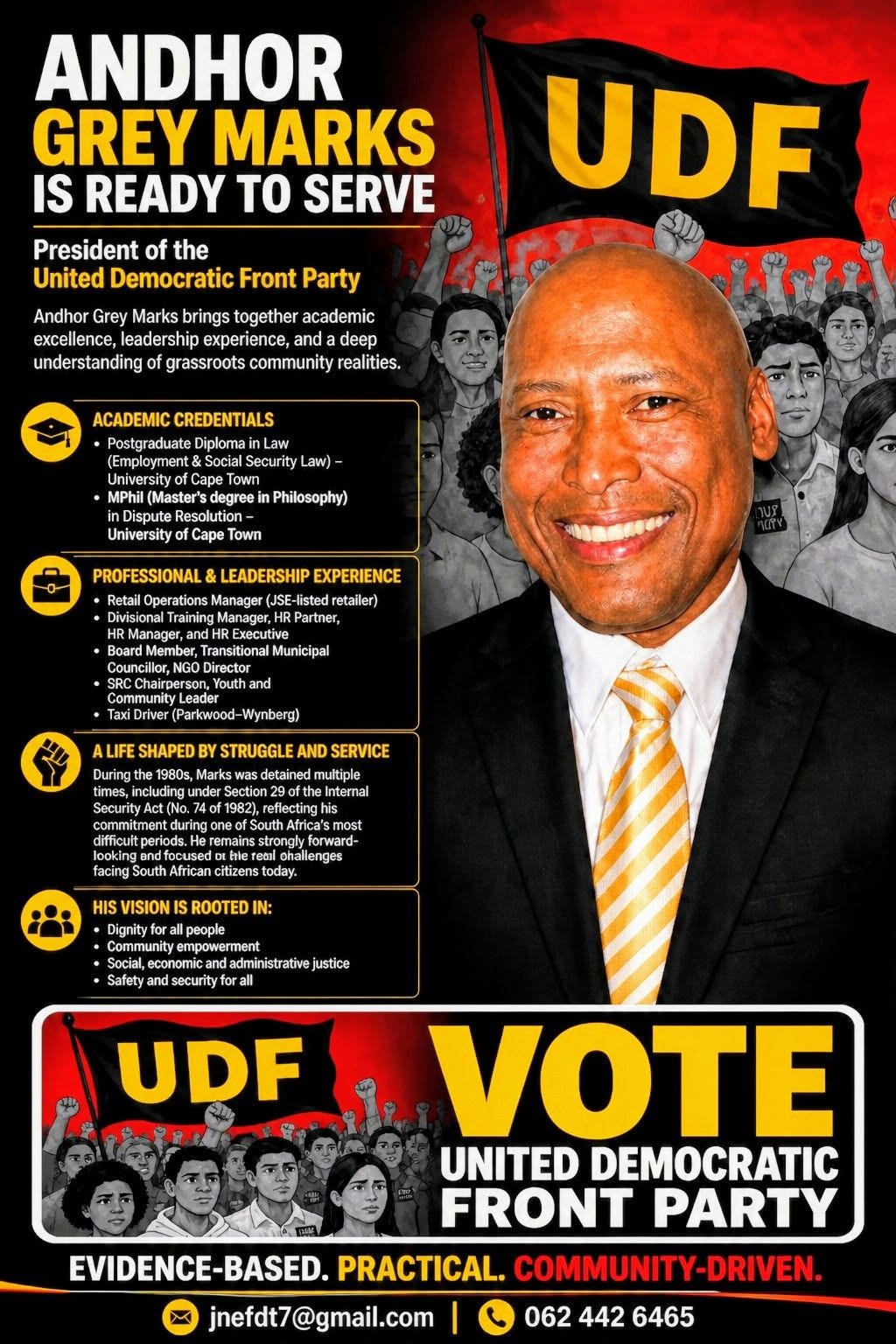 Election poster of Andhor Grey Marks, President of the United Democratic Front Party, in a dark suit with gold tie against the UDF flag and crowd artwork